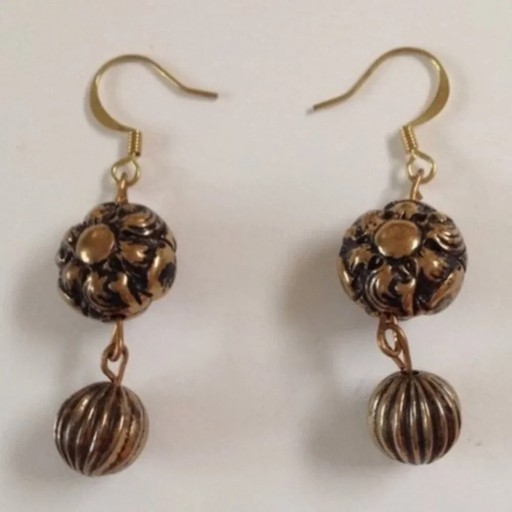 Handcrafted Gold Tone Floral Dangling Earrings Summer Artisan Gift Present